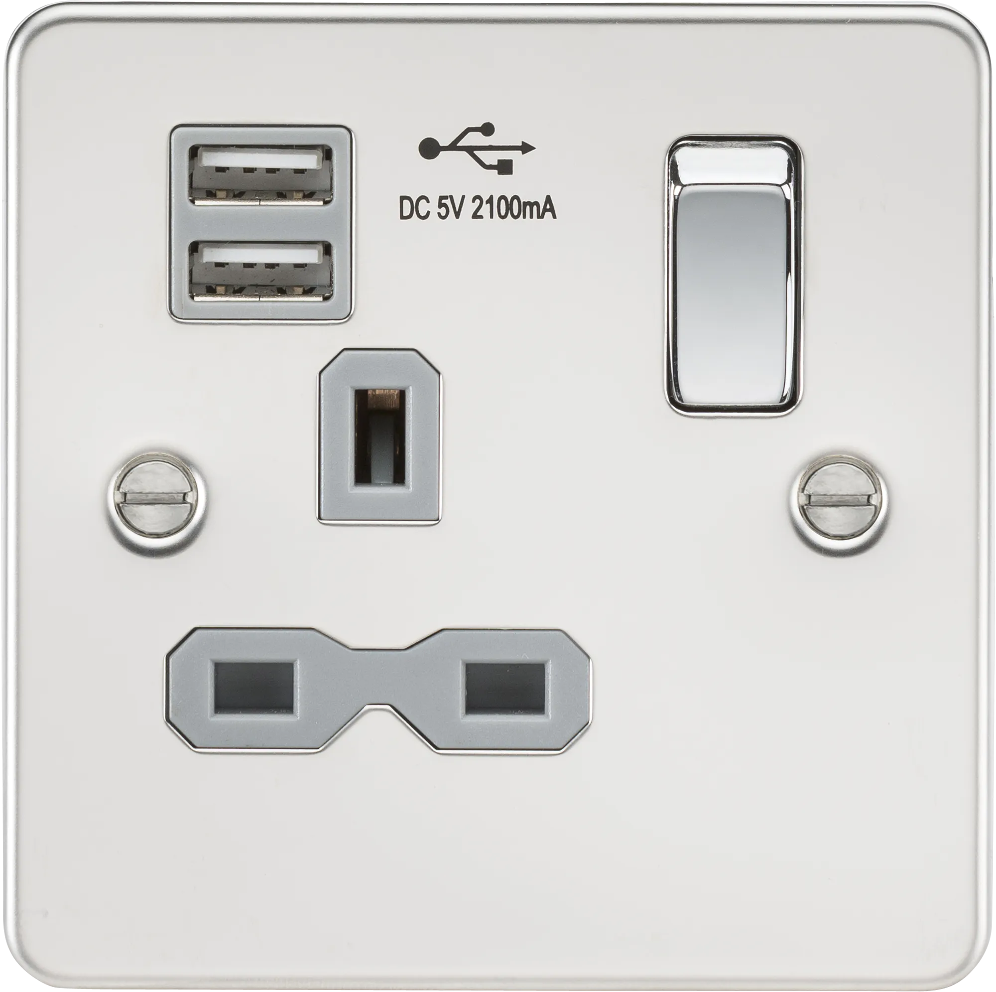 Knightsbridge FPR9901PCG Flat Plate 13A 1G Switch Socket   2xUSB 2.1A - Polished Chrome   Grey Insert