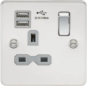 Knightsbridge FPR9901PCG Flat Plate 13A 1G Switch Socket   2xUSB 2.1A - Polished Chrome   Grey Insert