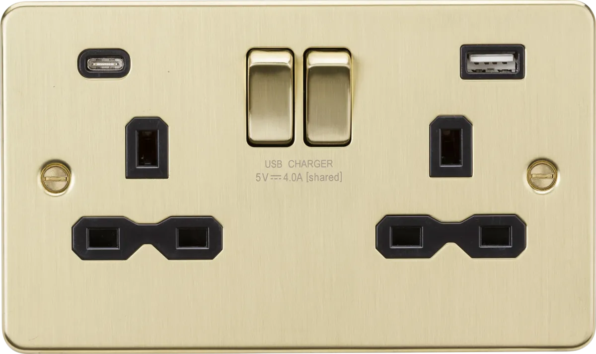 Knightsbridge FPR9940BB Flat Plate 13A 2G SP Switched Socket   2xUSB A C (5V DC 4.0A Shared) - Brushed Brass   Black Insert