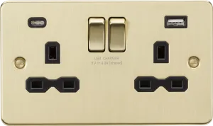Knightsbridge FPR9940BB Flat Plate 13A 2G SP Switched Socket   2xUSB A C (5V DC 4.0A Shared) - Brushed Brass   Black Insert