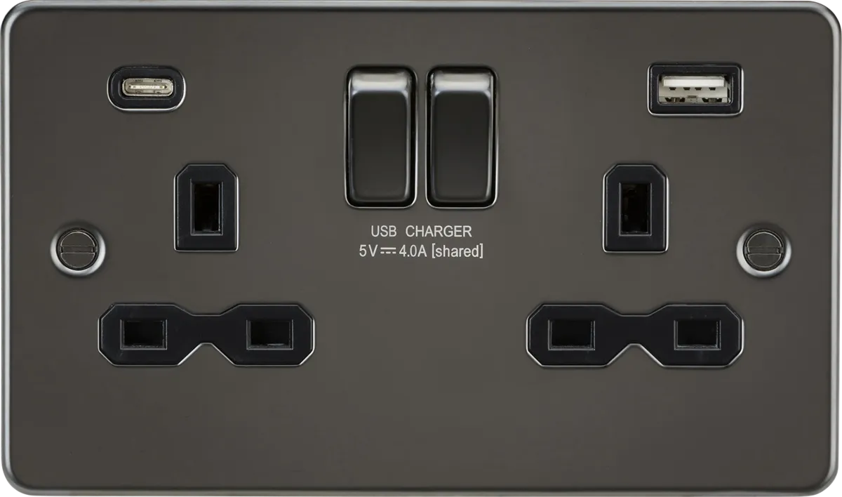Knightsbridge FPR9940GM Flat Plate 13A 2G SP Switched Socket   2xUSB A C (5V DC 4.0A Shared) - Gunmetal   Black Insert