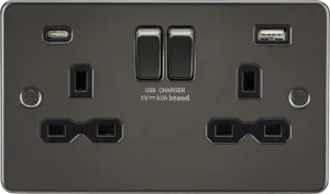 Knightsbridge FPR9940GM Flat Plate 13A 2G SP Switched Socket   2xUSB A C (5V DC 4.0A Shared) - Gunmetal   Black Insert