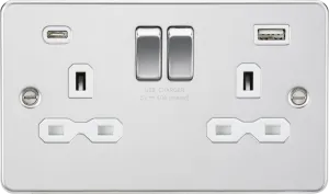 Knightsbridge FPR9940PCW Flat Plate 13A 2G SP Switched Socket   2xUSB A C (5V DC 4.0A Shared) - Polished Chrome   White Insert