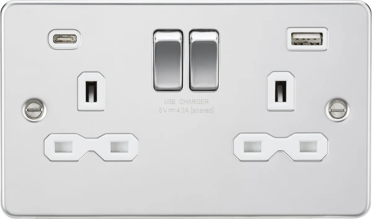 Knightsbridge FPR9940PCW Flat Plate 13A 2G SP Switched Socket   2xUSB A C (5V DC 4.0A Shared) - Polished Chrome   White Insert