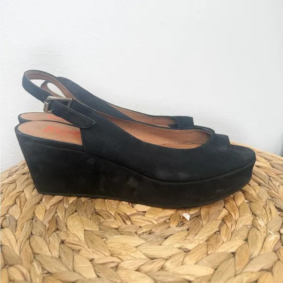 KORS Michael Kors Wedge Women Black Peep toe Slingback Shoes Heels Suede Nubuck