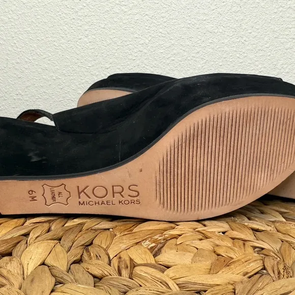KORS Michael Kors Wedge Women Black Peep toe Slingback Shoes Heels Suede Nubuck