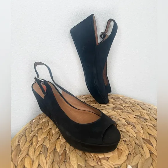 KORS Michael Kors Wedge Women Black Peep toe Slingback Shoes Heels Suede Nubuck
