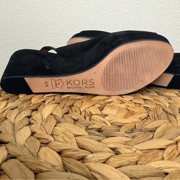 KORS Michael Kors Wedge Women Black Peep toe Slingback Shoes Heels Suede Nubuck