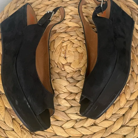 KORS Michael Kors Wedge Women Black Peep toe Slingback Shoes Heels Suede Nubuck