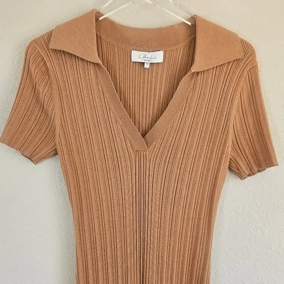 L'Academie Robe Pull Geneva Dress in Camel Size Large Ribbed Midi with Slit NEW