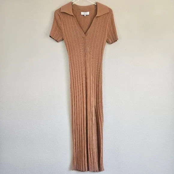 L'Academie Robe Pull Geneva Dress in Camel Size Large Ribbed Midi with Slit NEW
