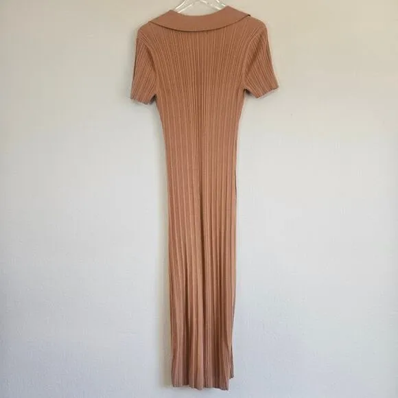 L'Academie Robe Pull Geneva Dress in Camel Size Large Ribbed Midi with Slit NEW