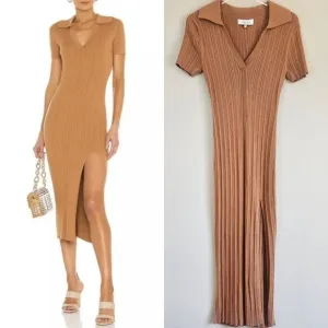 L'Academie Robe Pull Geneva Dress in Camel Size Large Ribbed Midi with Slit NEW