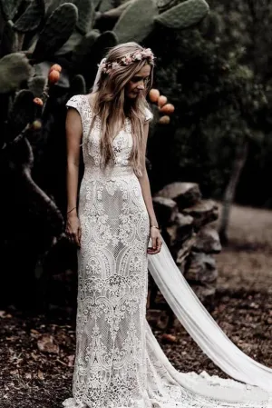 Lace Rustic Cap Sleeves Mermaid Wedding Dress Sheath Boho Wedding Dress OKU75
