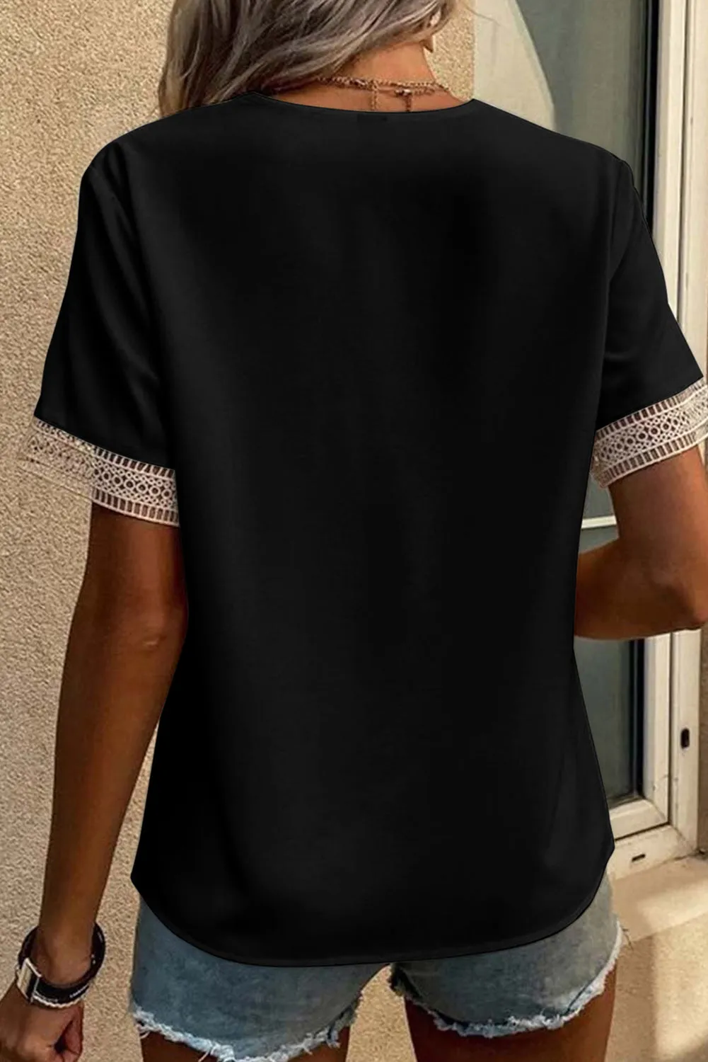 Lace Trim V Neck Short Sleeve Blouse