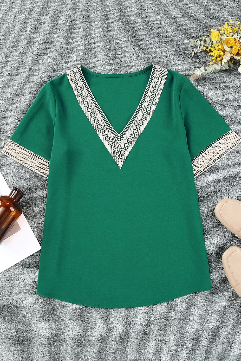 Lace Trim V Neck Short Sleeve Blouse