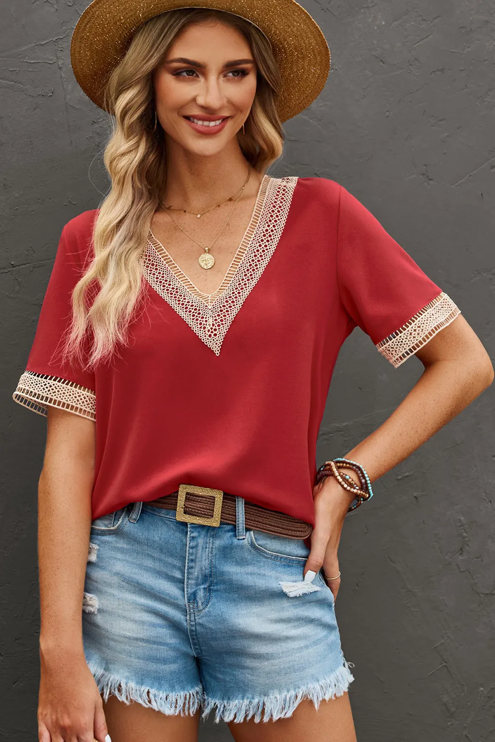 Lace Trim V Neck Short Sleeve Blouse