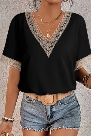 Lace Trim V Neck Short Sleeve Blouse