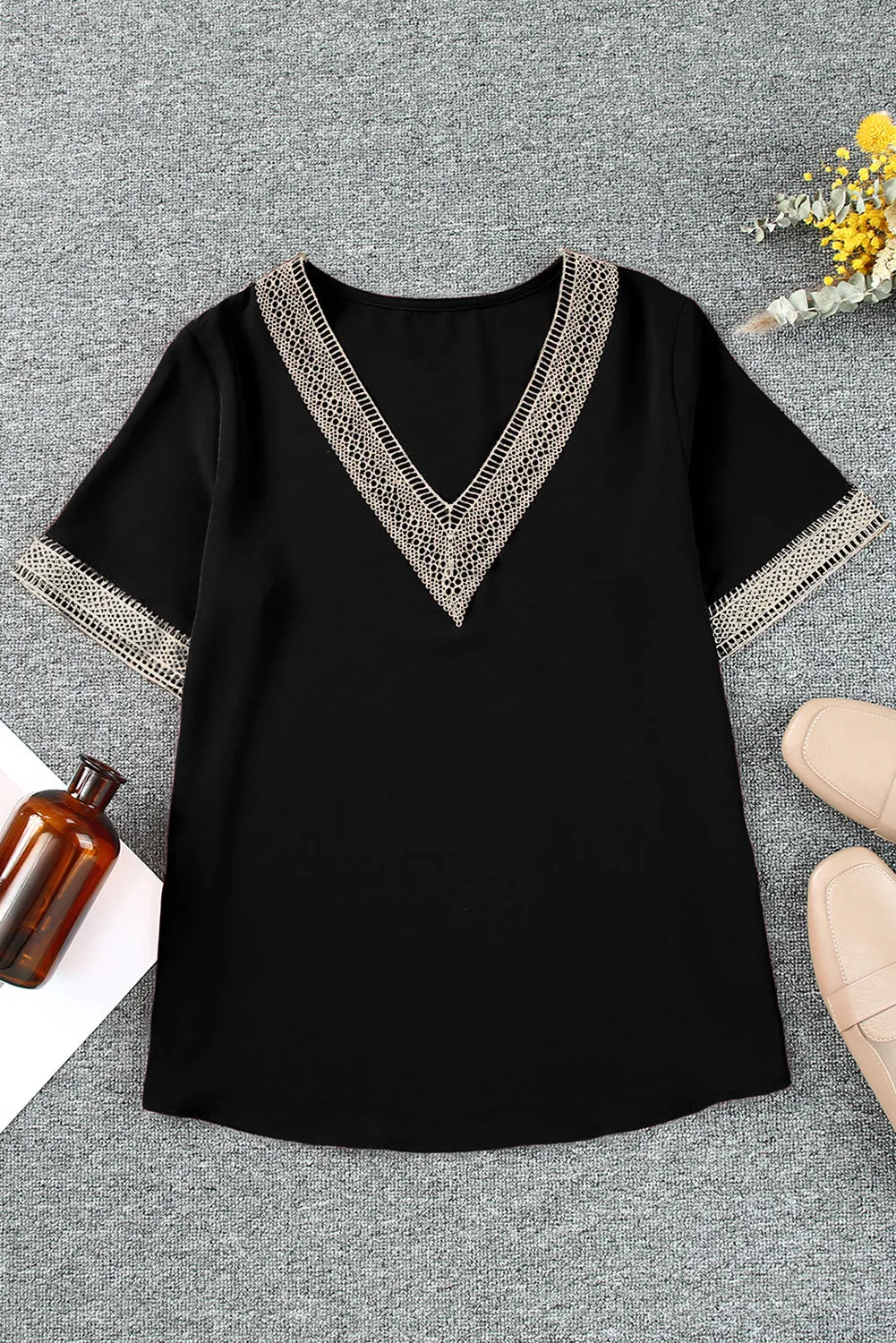 Lace Trim V Neck Short Sleeve Blouse