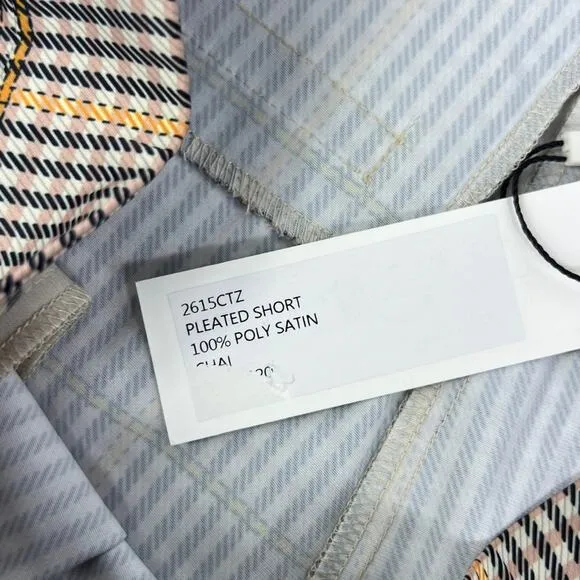 L'AGENCE Pleated Houndstooth Plaid Poly Satin Shorts in Chai Size 2 NEW