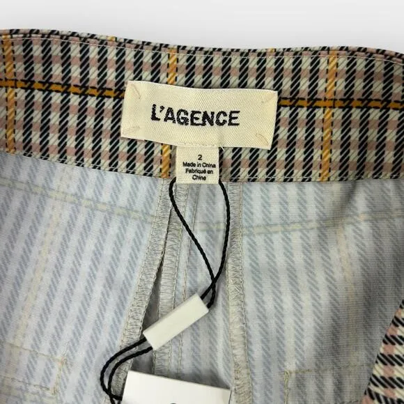 L'AGENCE Pleated Houndstooth Plaid Poly Satin Shorts in Chai Size 2 NEW