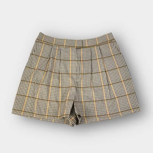 L'AGENCE Pleated Houndstooth Plaid Poly Satin Shorts in Chai Size 2 NEW