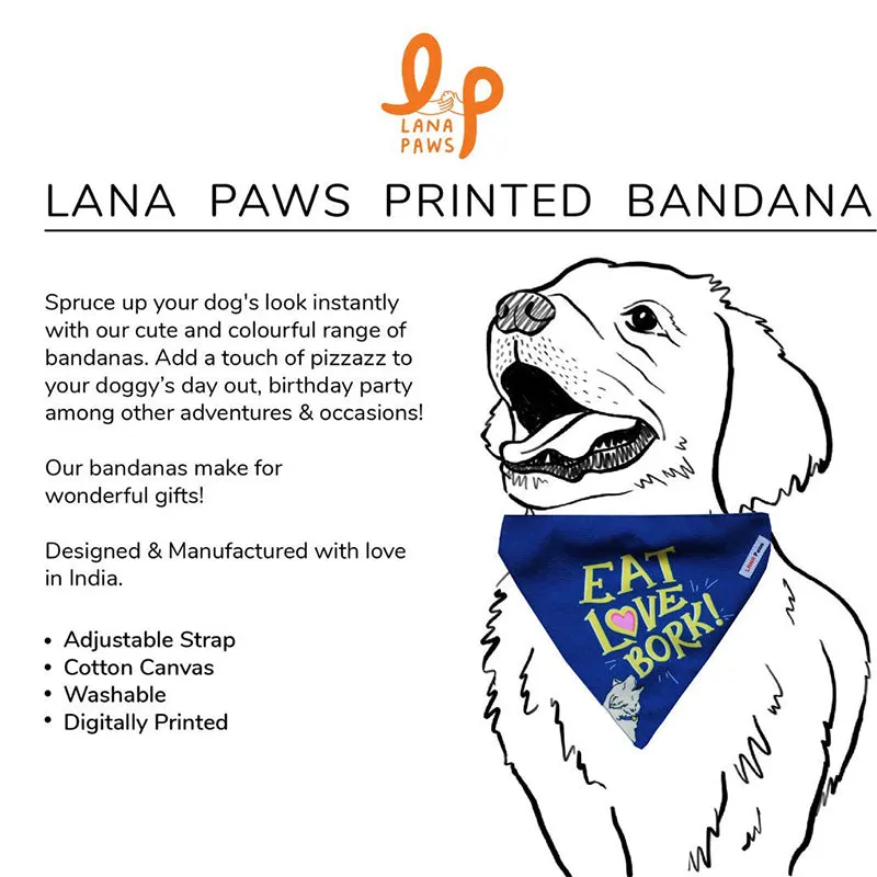 Lana Paws Eat Love Bork Adjustable Dog Bandana/Scarf, Indigo and Yellow