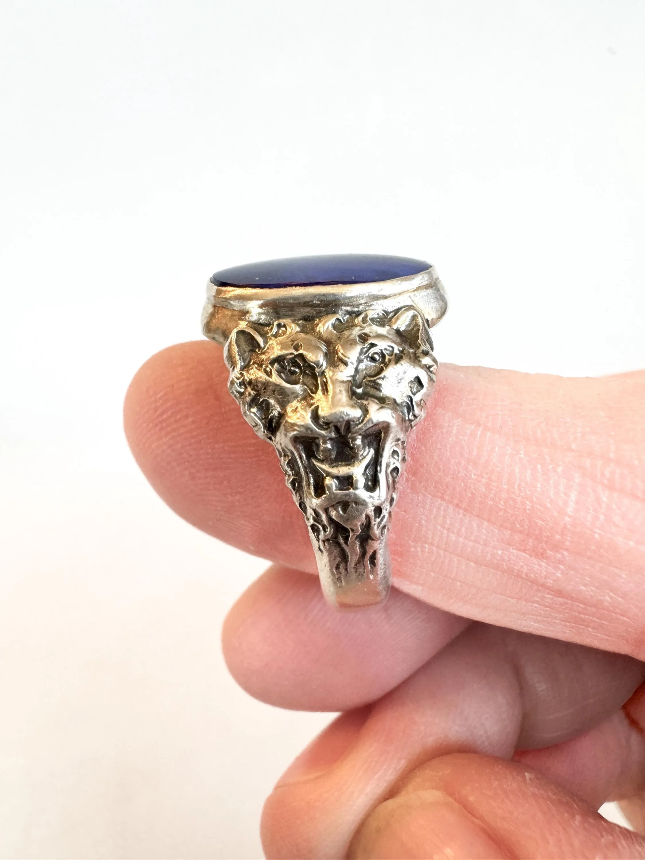 Lapis Lazuli Lion Signet Ring in Sterling Silver
