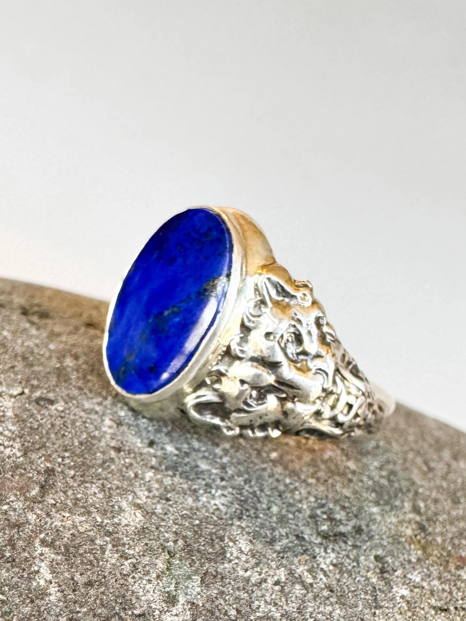 Lapis Lazuli Lion Signet Ring in Sterling Silver