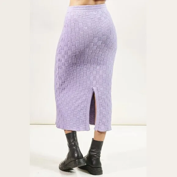 Lavender Check Knit Maxi Skirt w/ Split Back Size XS / US 4 Cottage Granny Boho