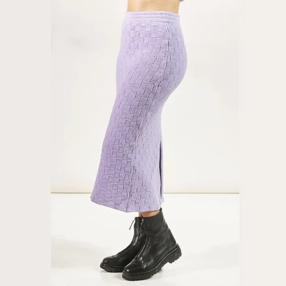 Lavender Check Knit Maxi Skirt w/ Split Back Size XS / US 4 Cottage Granny Boho