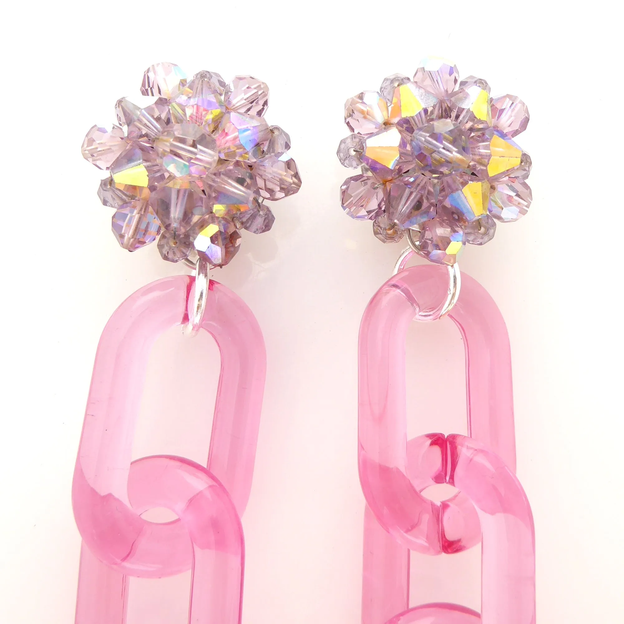 Lavender crystal and pink chain earrings