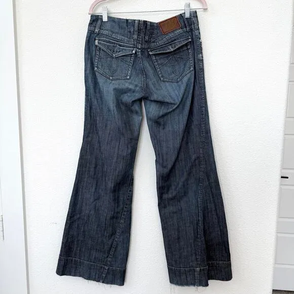 LEVEL 99 Wide Leg Jeans Dark Wash Size 29 Paneled Hem Y2K Low Rise Distressed