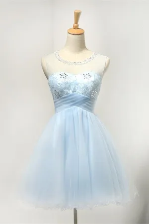 Light Blue Short Tulle Classy Girly Homecoming Dress K294