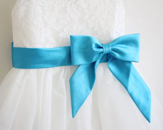 Light Ivory Blue Ribbon Lace Tulle Flower Girl Dresses With Blue Sash/Bows OK209
