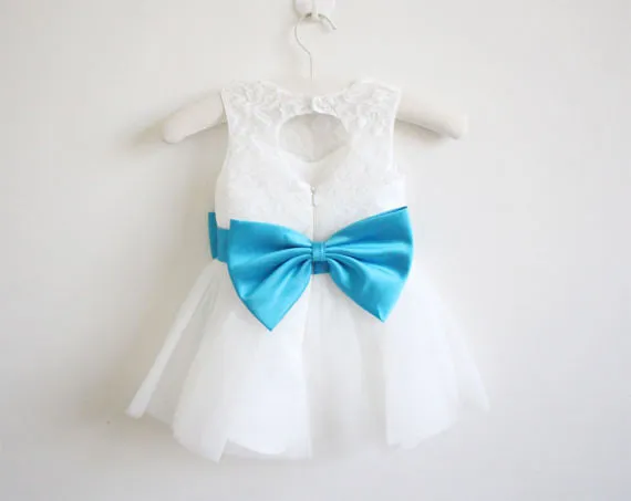 Light Ivory Blue Ribbon Lace Tulle Flower Girl Dresses With Blue Sash/Bows OK209
