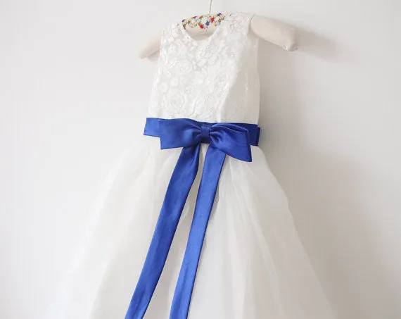 Light Ivory Lace Tulle Flower Girl Dresses With Royal Blue Sash/Bows Sleeveless Floor-length OK215