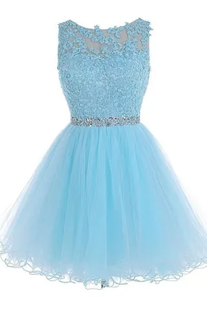 Light Sky Blue Lace Open Back Short Tulle Homecoming Dress K186