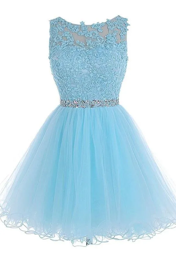 Light Sky Blue Lace Open Back Short Tulle Homecoming Dress K186