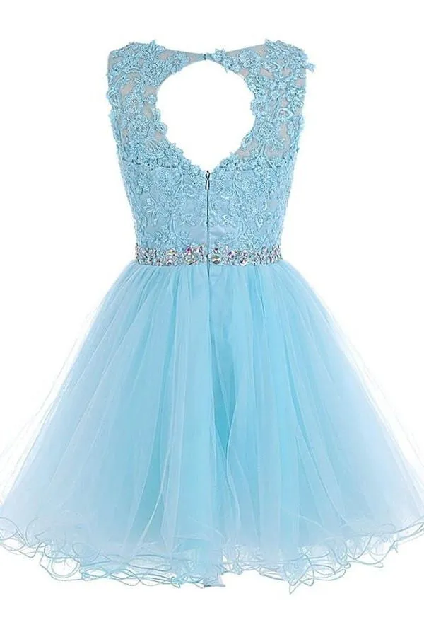 Light Sky Blue Lace Open Back Short Tulle Homecoming Dress K186