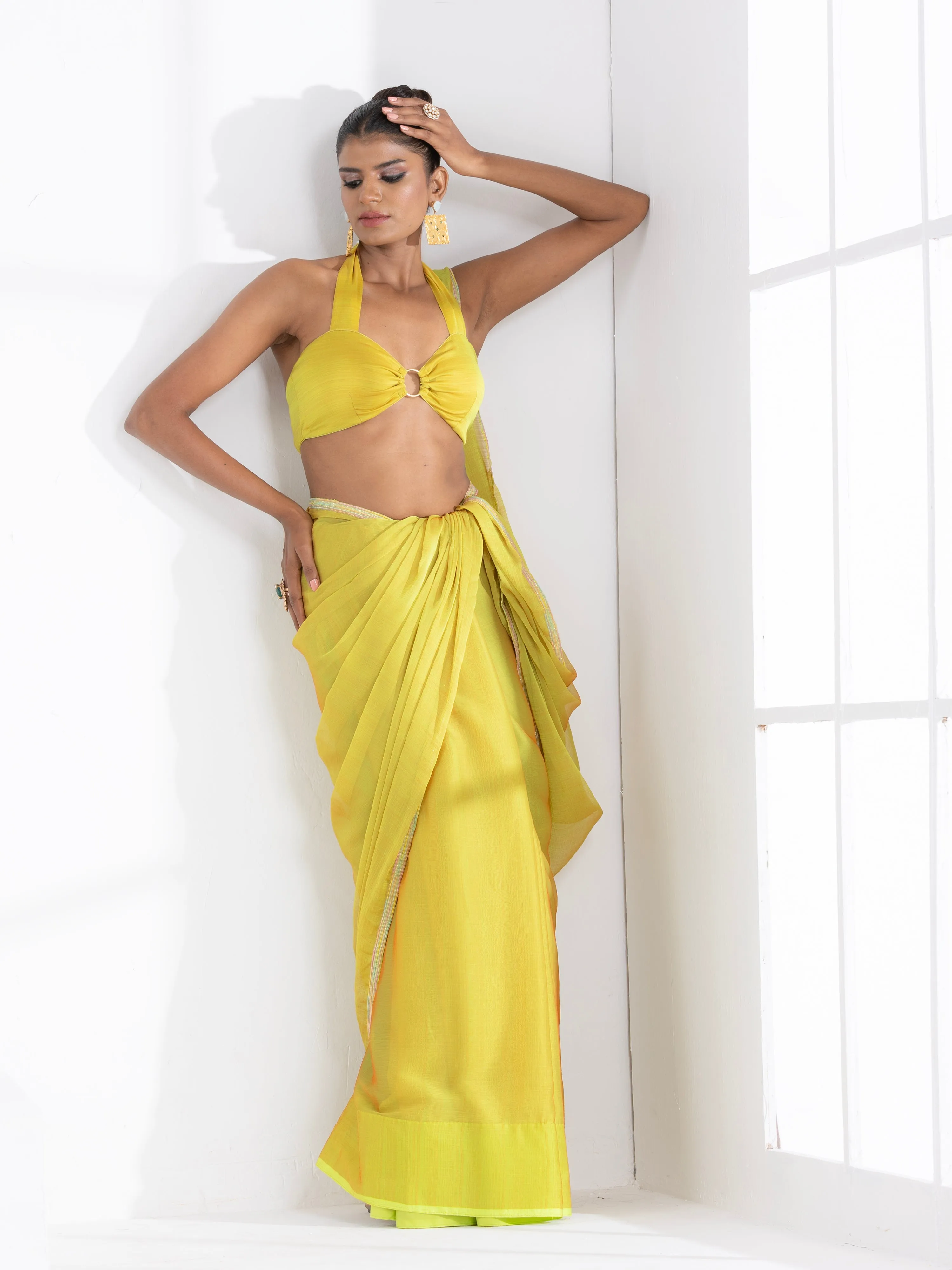 Lime and Lemony Chiffon Saree with Lace & Self Blouse Fabric