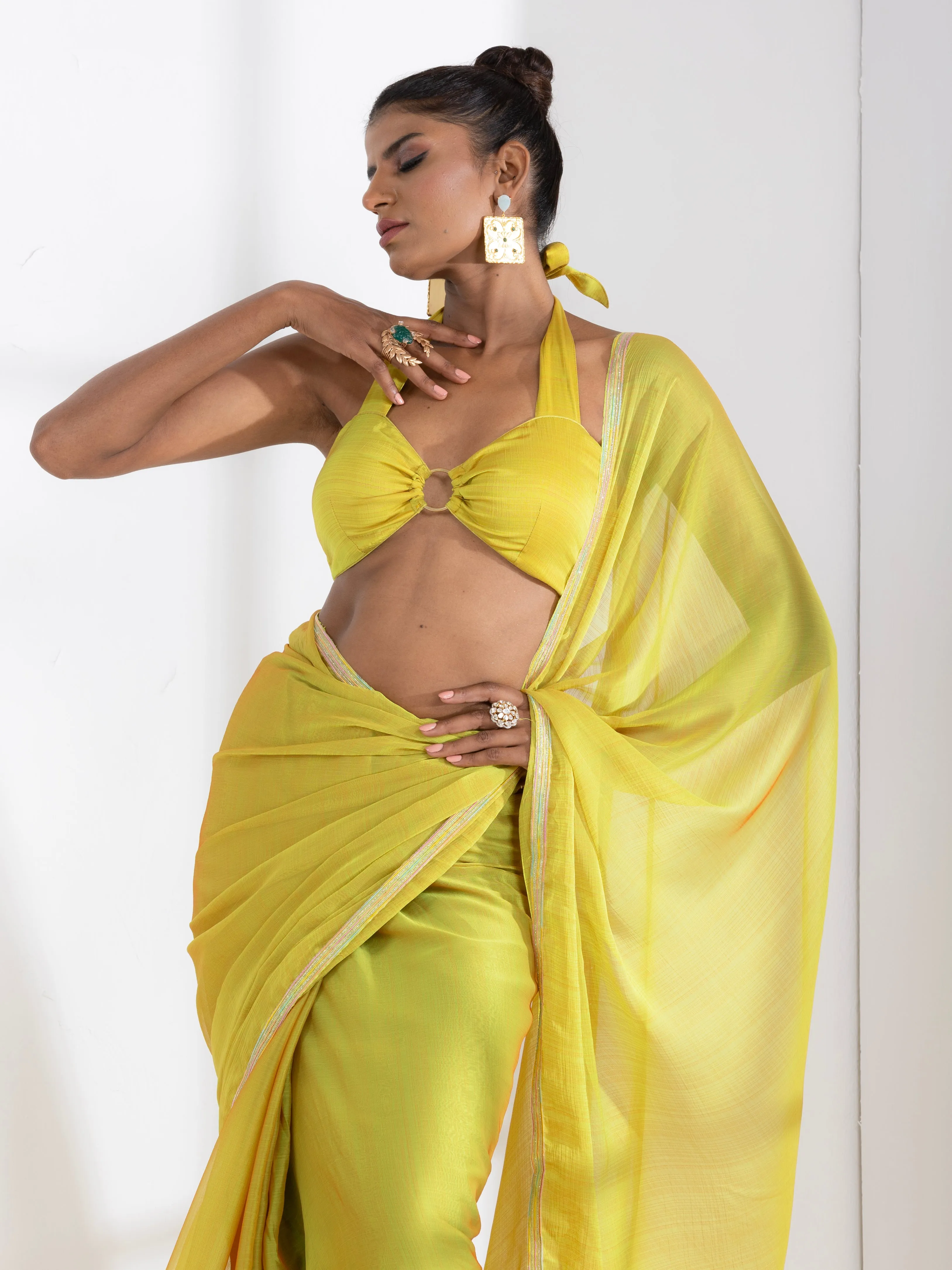 Lime and Lemony Chiffon Saree with Lace & Self Blouse Fabric