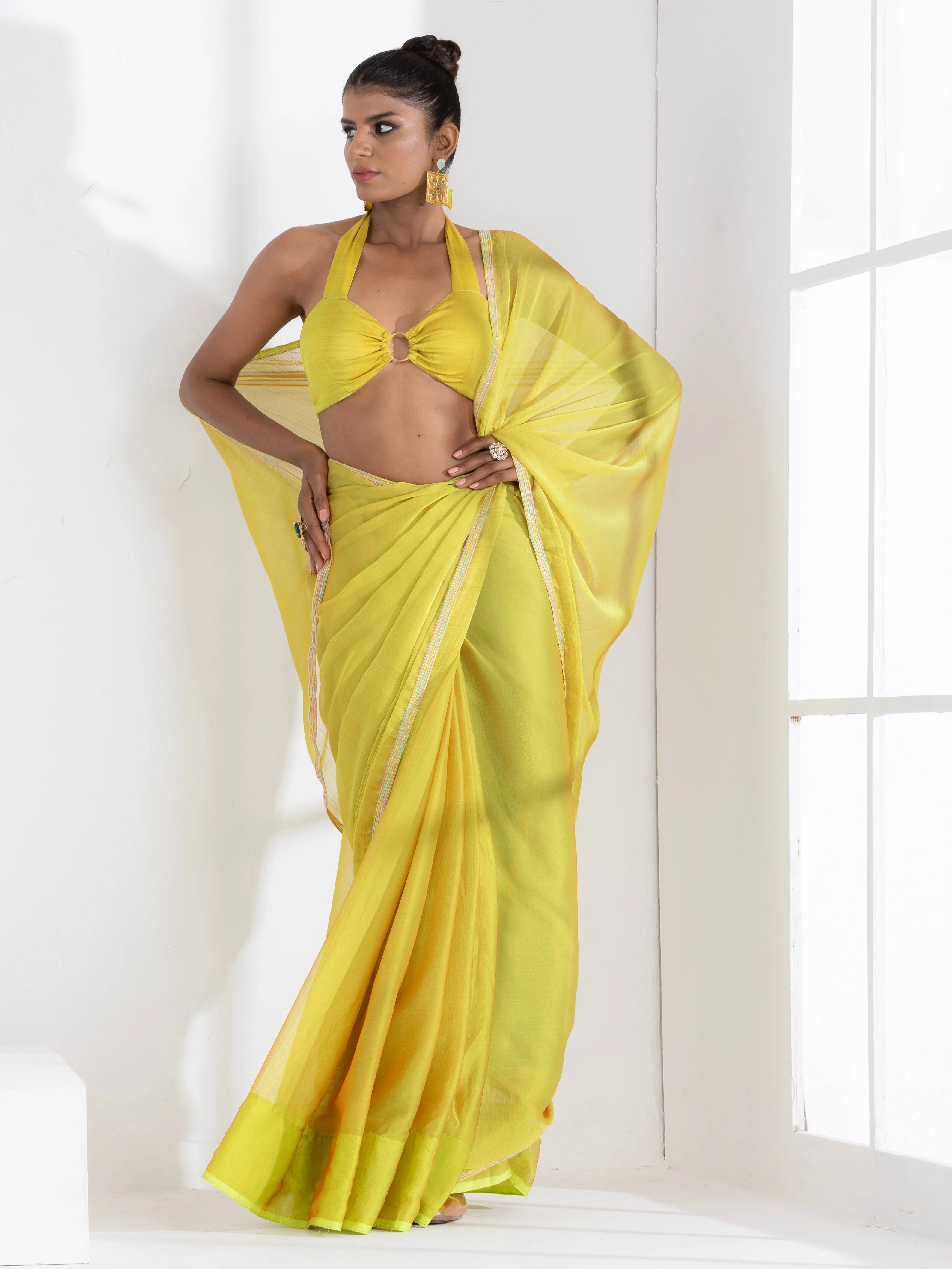 Lime and Lemony Chiffon Saree with Lace & Self Blouse Fabric
