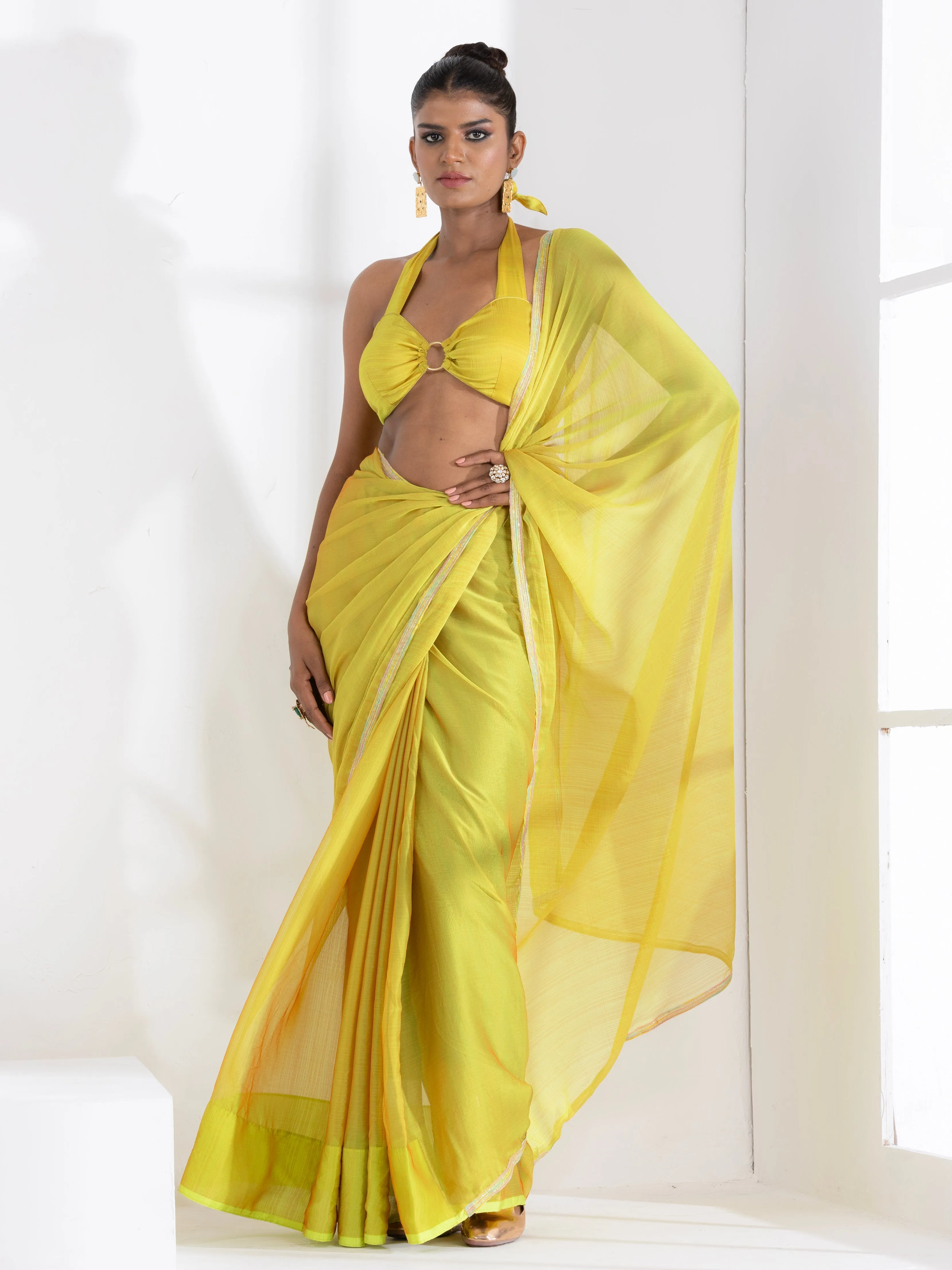 Lime and Lemony Chiffon Saree with Lace & Self Blouse Fabric