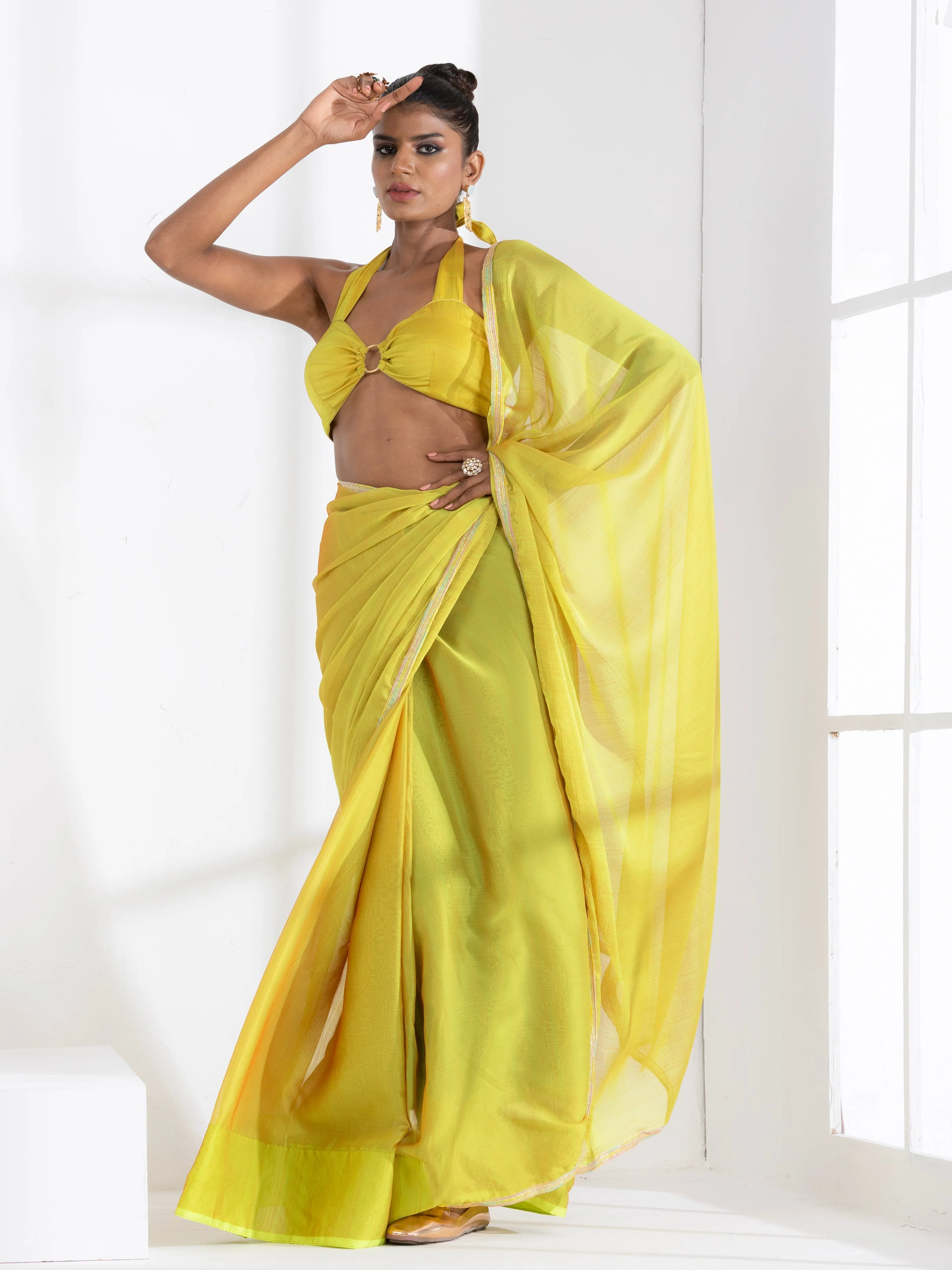 Lime and Lemony Chiffon Saree with Lace & Self Blouse Fabric