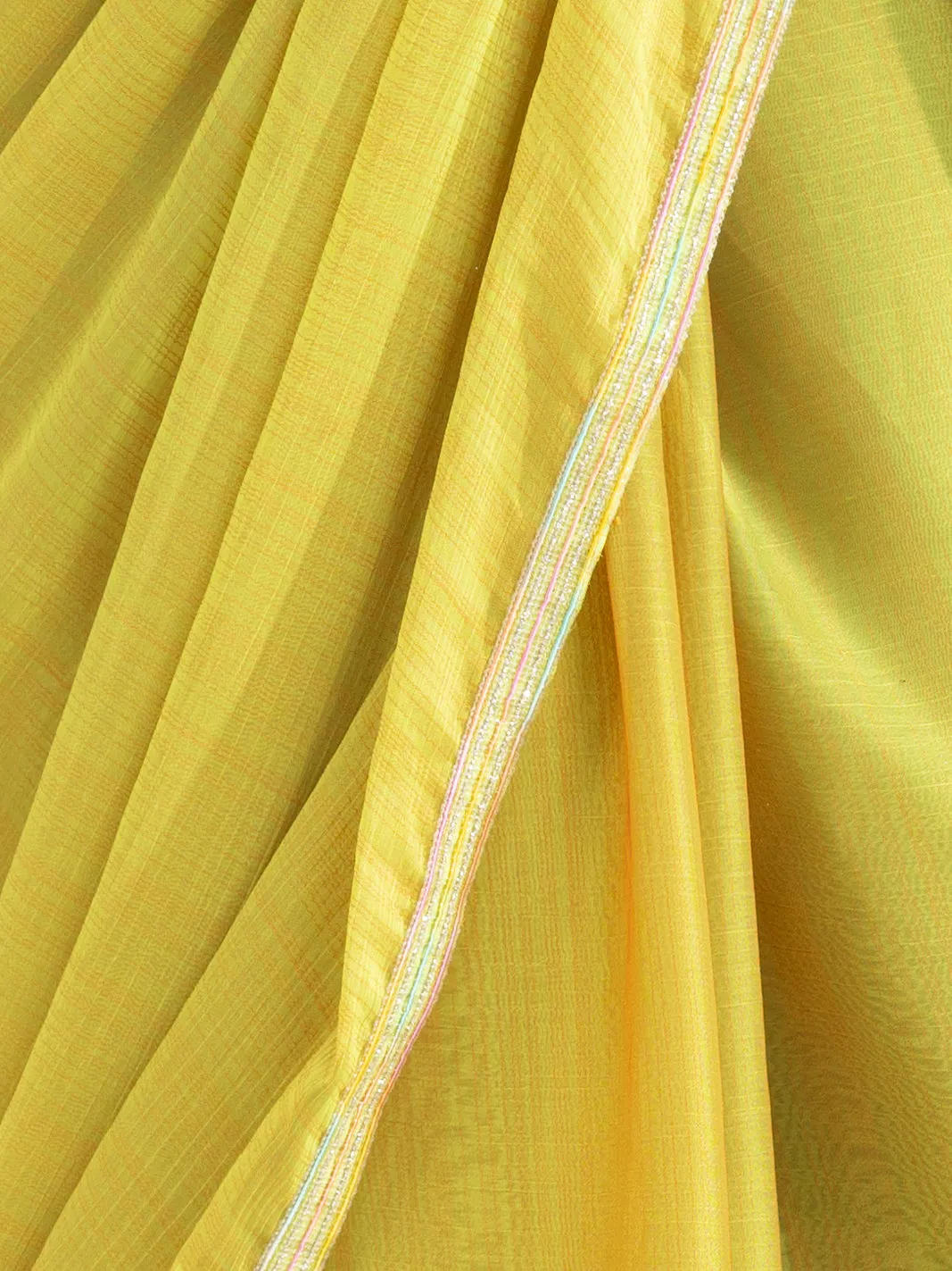 Lime and Lemony Chiffon Saree with Lace & Self Blouse Fabric