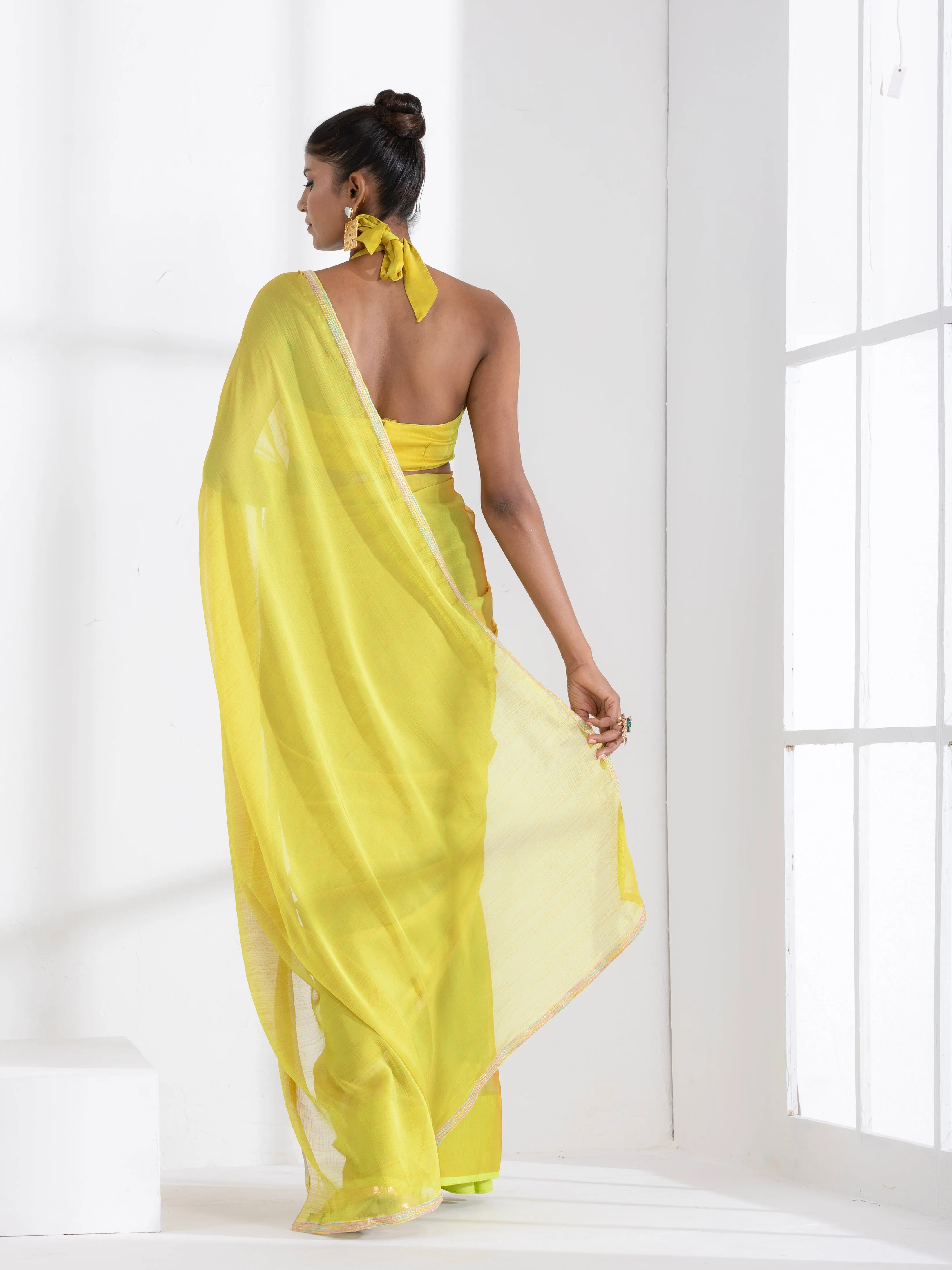 Lime and Lemony Chiffon Saree with Lace & Self Blouse Fabric