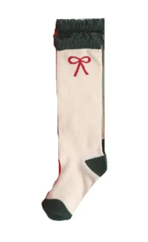 Little Stocking Co Lace Top Knee High Socks - Xmas Bow