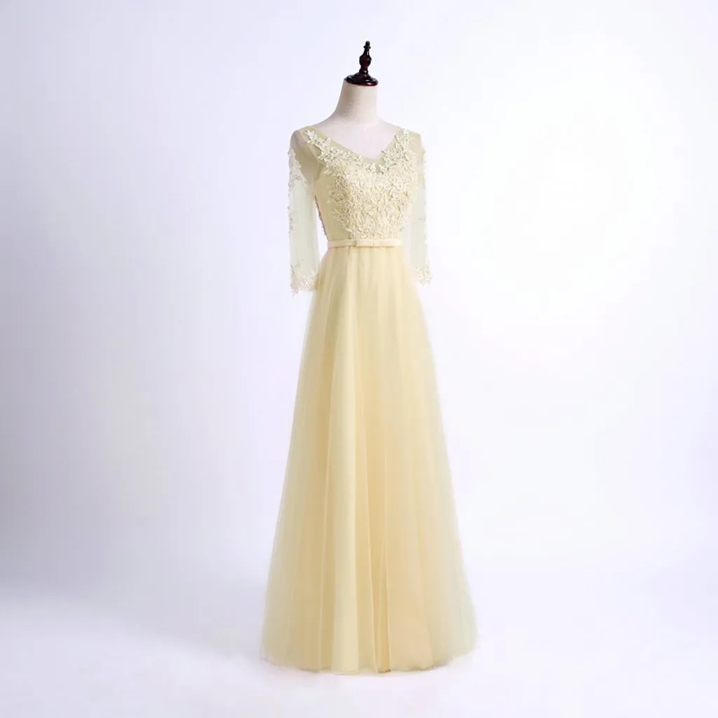 Long Bridesmaid Dress, V-Neck Bridesmaid Dress, Tulle Bridesmaid Dress, A-Line Dress for Wedding, 3/4 Sleeve Bridesmaid Dress, Beading Bridesmaid Dress, LB0385