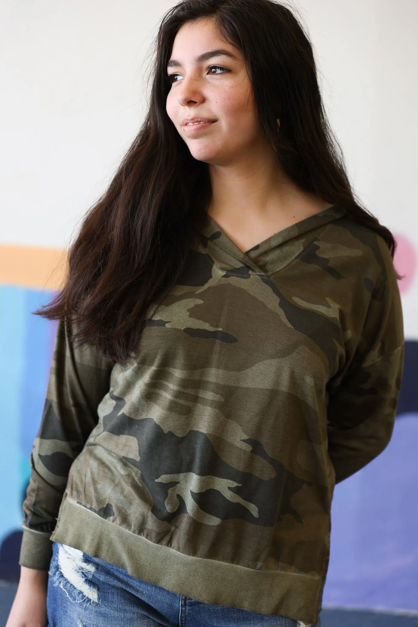 Long Sleeve Hooded Top In Stone Camo